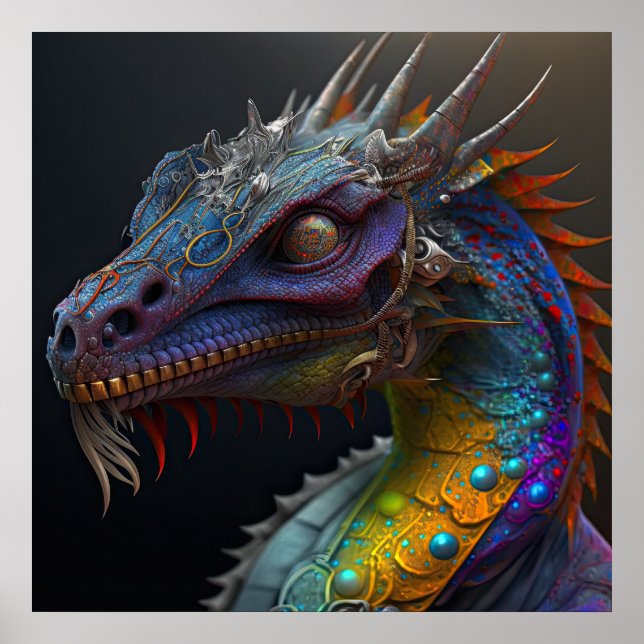 Steampunk rainbow dragon portrait AI art Poster (Devant)