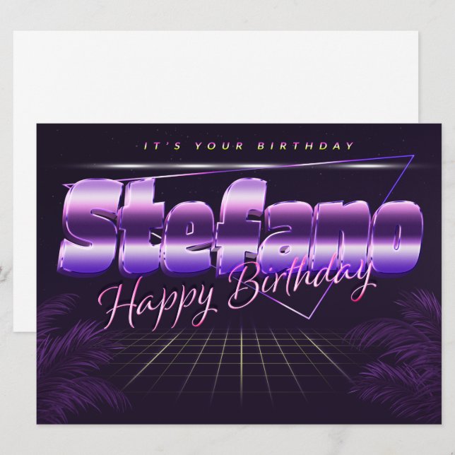 Stefano prénom carte rétro lilas pour un anniversa (Devant / Derrière)