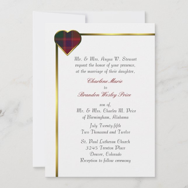 Stewart Red Plaid Heart Faire-part de mariage (Devant)