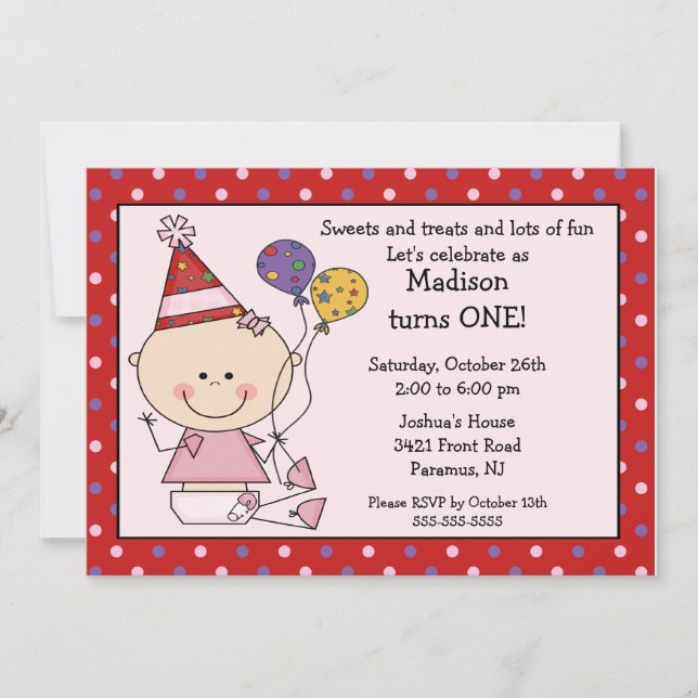Stick Figure Baby Girl 1er Birthday Invitation (Devant)