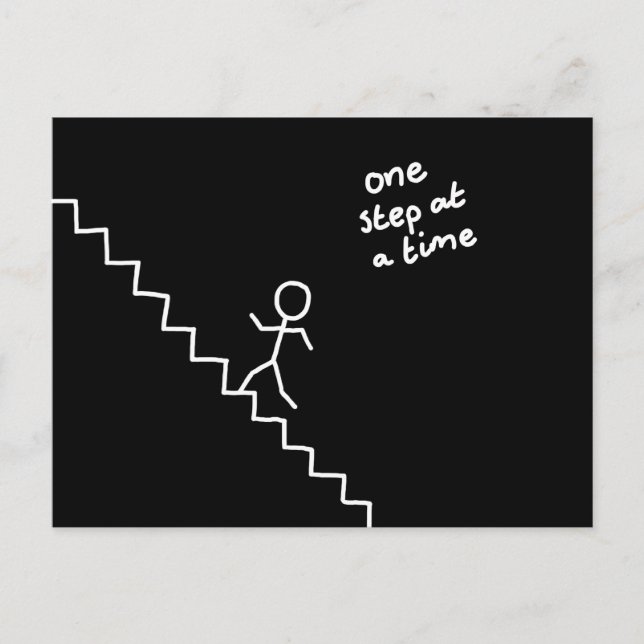 Stick man sur l'escalier "une marche..." carte pos (Devant)
