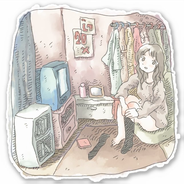 STICKER さやしくじ　衣類のかけてある部屋の座椅子に座ってテレビを見ながら靴下をはいている女性のイラスト (Devant)