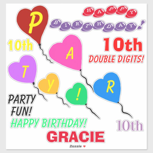 Sticker 10e Anniversaire Ballons cardiaques Vinyl personna (Feuille)