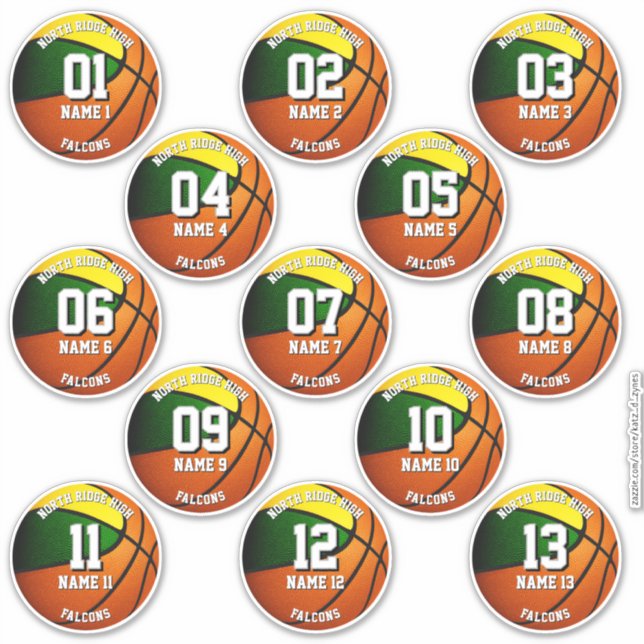 Sticker 13 équipes de sports d'or vert couleurs basketball (Devant)