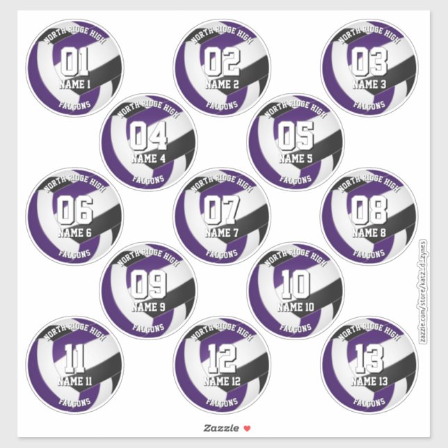 Sticker 13 joueurs de volley-ball violet noir couleurs (Feuille)