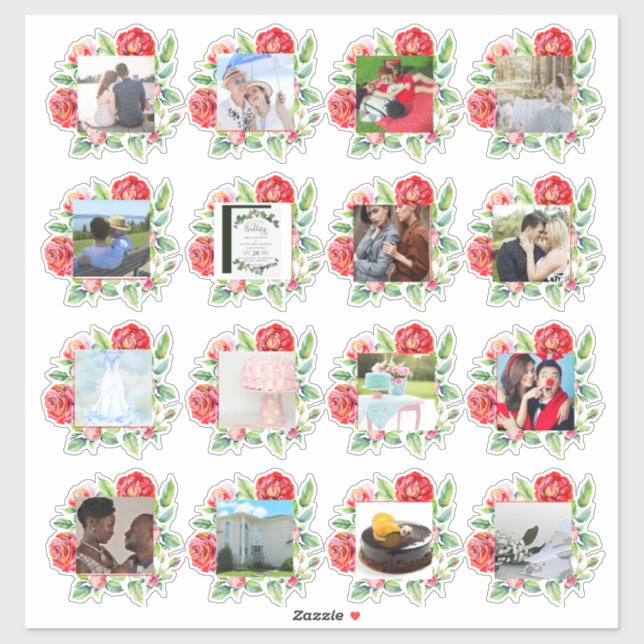 Sticker 16 x MARIAGE PHOTO Journal Planificateur Roses rou (Feuille)