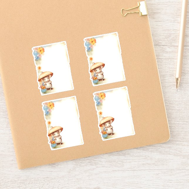 Sticker 1 Souris avec parapluie bleu fleurs orange rose (Carnet)
