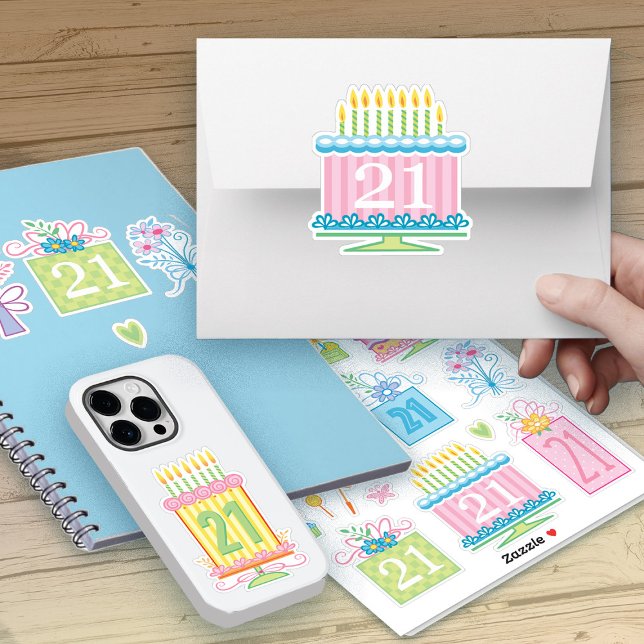 Sticker 21e Anniversaire Joli Pastel Gâteaux Et Présents (Créateur téléchargé)