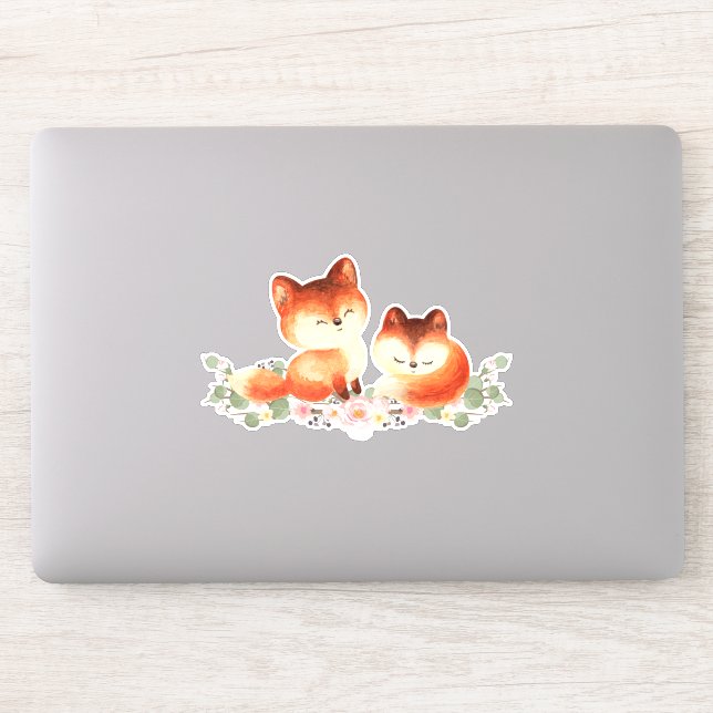 Sticker 2 mignons Petits Renards Rouges Aquarelle Design (Ordinateur)