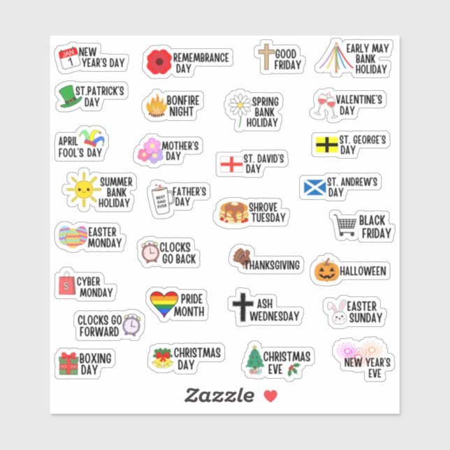 Sticker 30 British UK Public Holiday Special Days Planner (Feuille)