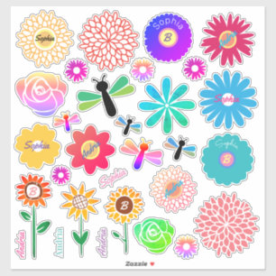 Sticker 30 Fleurs, libellules, do-it-yourself noms et init