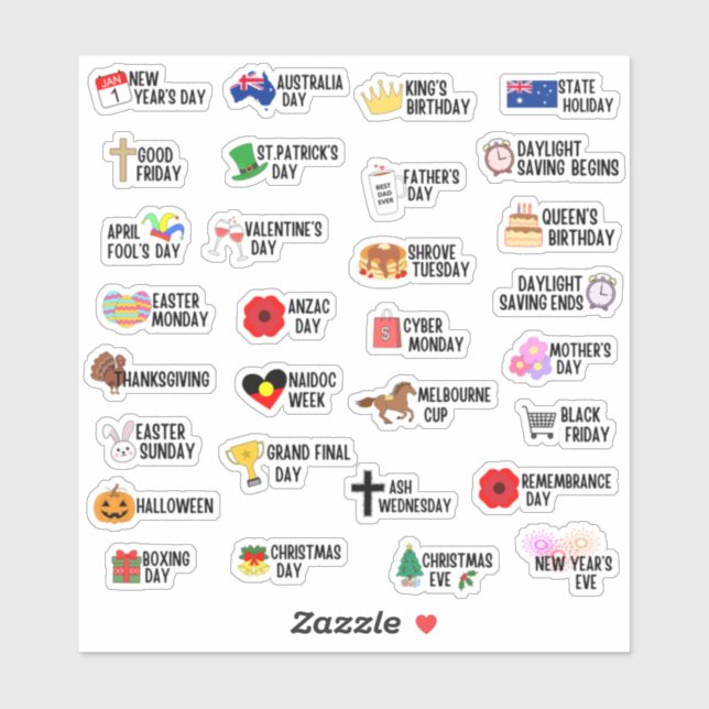 Sticker 30 Jours Fériés Australiens Planificateur de Jours (Feuille)