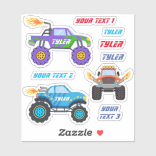 Sticker 3 Camions Monster Avec Flames, Noms Et Lignes De T