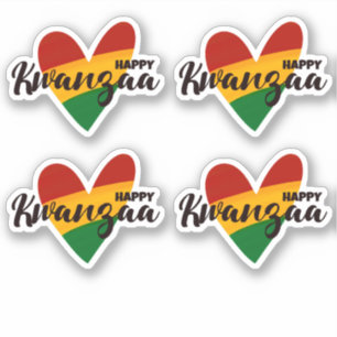 Sticker 4 x Joyeux Kwanzaa Rouge Jaune Vert Coeurs rayés