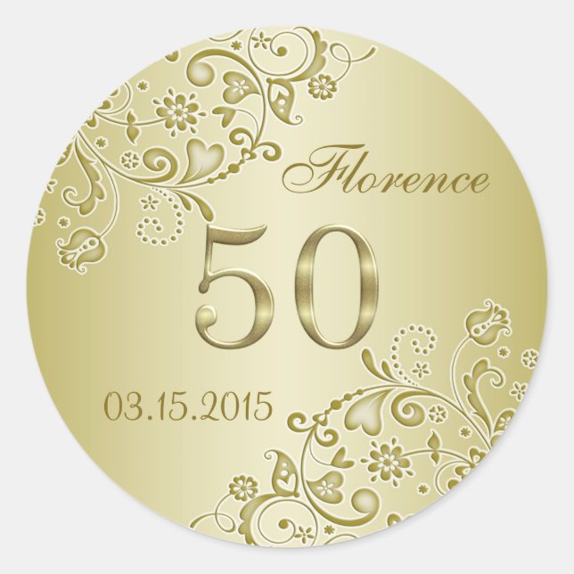 Sticker 50th Birthday tourbillons floraux dorés (Devant)