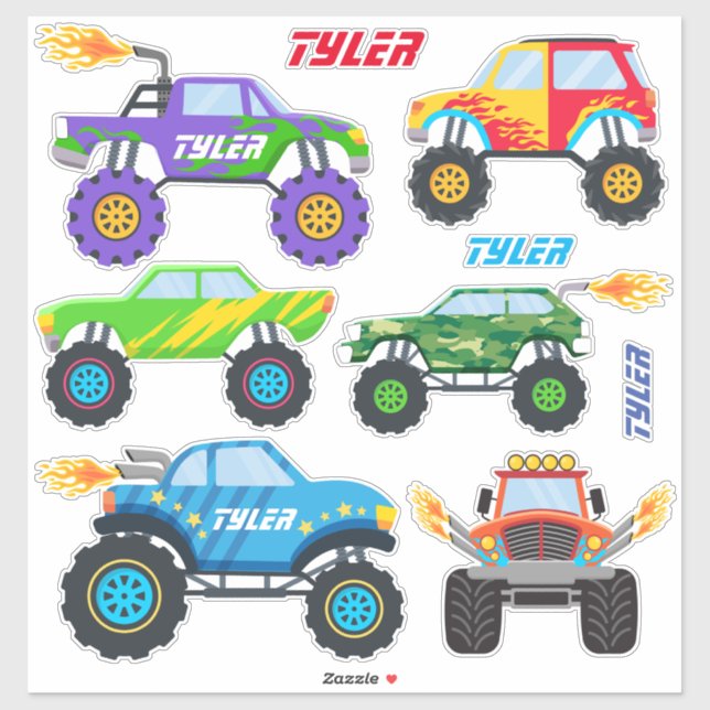 Sticker 6 Camions Monster Cool Avec Flames, do-it-yourself (Feuille)