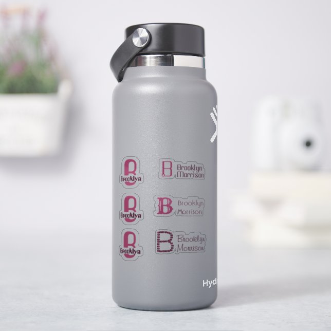 Sticker 6 étanche Monogramme rose Nom Enfants Bouteille d' (HydroFlask)