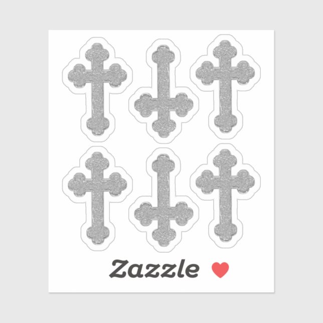 Sticker 6 Faux Métalliques Croix Argent Bouclées - Contour (Feuille)