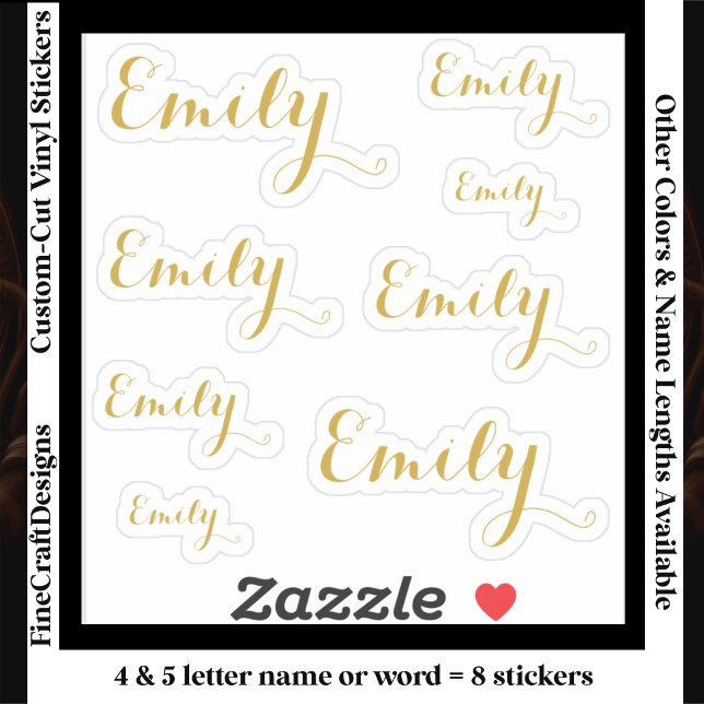 Sticker 8 Custom Name Word, 4-5 letters Elegant Script Gld (Créateur téléchargé)