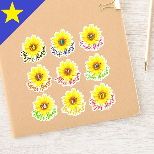 Sticker 9 Noms & Tournesols | Nom manuscrit étanche (monogram waterproof stickers
handwritten name tags)