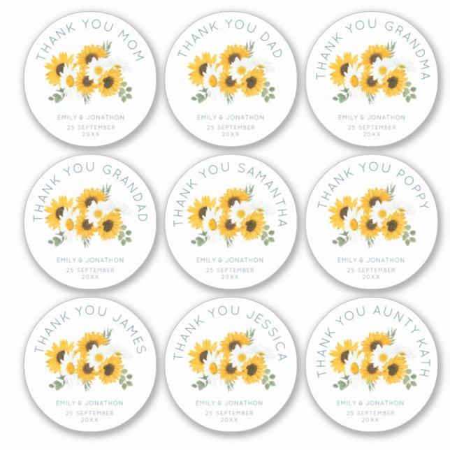 Sticker 9 Petit Nom individuel Merci Mariage Sunflower (Devant)