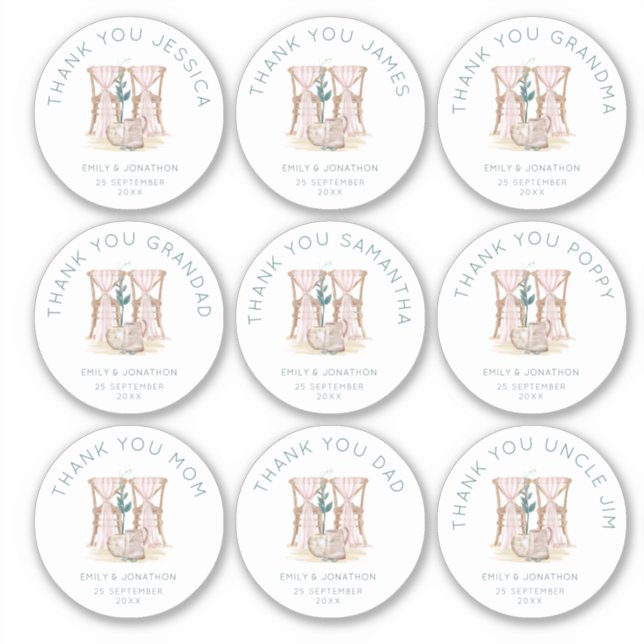 Sticker 9 petits noms individuels Mercis chaises Mariage (Devant)