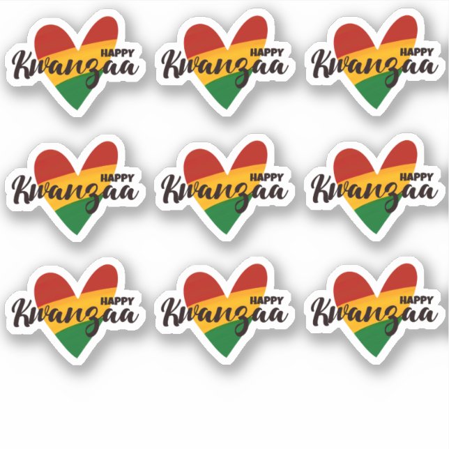 Sticker 9 x Joyeux Kwanzaa Rouge Jaune Vert Coeurs rayés (Devant)