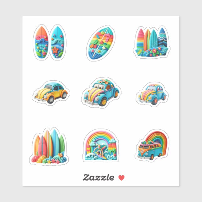 Sticker a clay modeling colorful collection car and surfbo (Feuille)