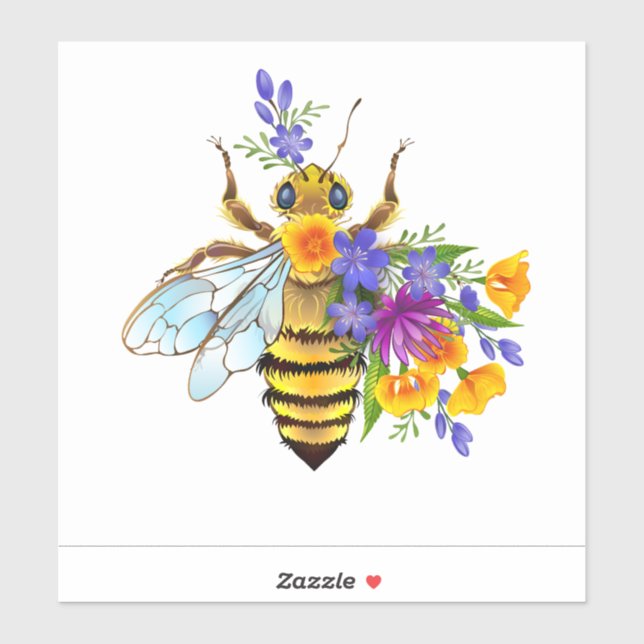 Sticker Abeille à fleurs avec plantes sauvages (Feuille)