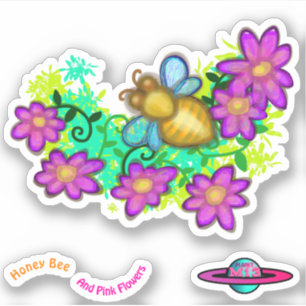 Sticker Abeille De Miel Et Fleurs Roses