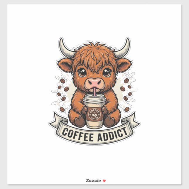 Sticker Accro au café Vache des Highlands Mignonne Gravure (Feuille)