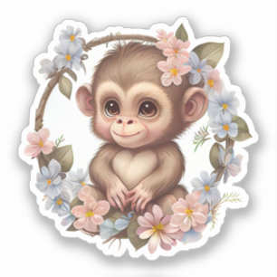 Sticker Adorable aquarelle Floral Indie Baby Monkey