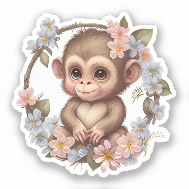 Sticker Adorable aquarelle Floral Indie Baby Monkey (Recto)