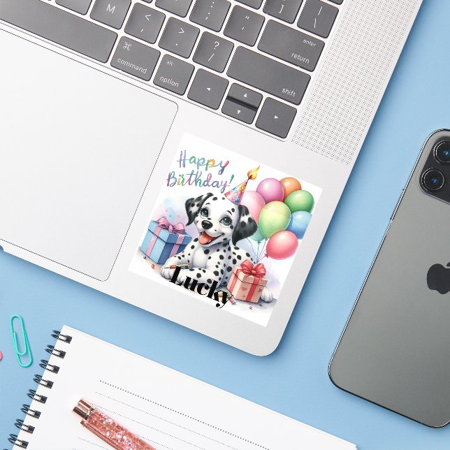 Sticker Adorable Dalmatie chiot fête d'anniversaire Illust (Ordinateur portable avec iPhone)