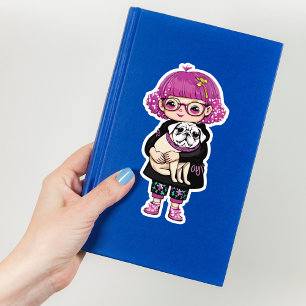 Sticker Adorable fille accroupissant un Carlin