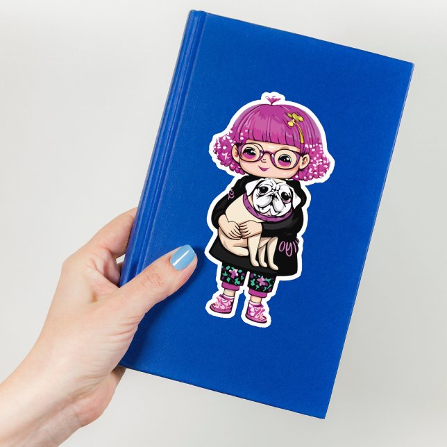 Sticker Adorable fille accroupissant un Carlin (Créateur téléchargé)