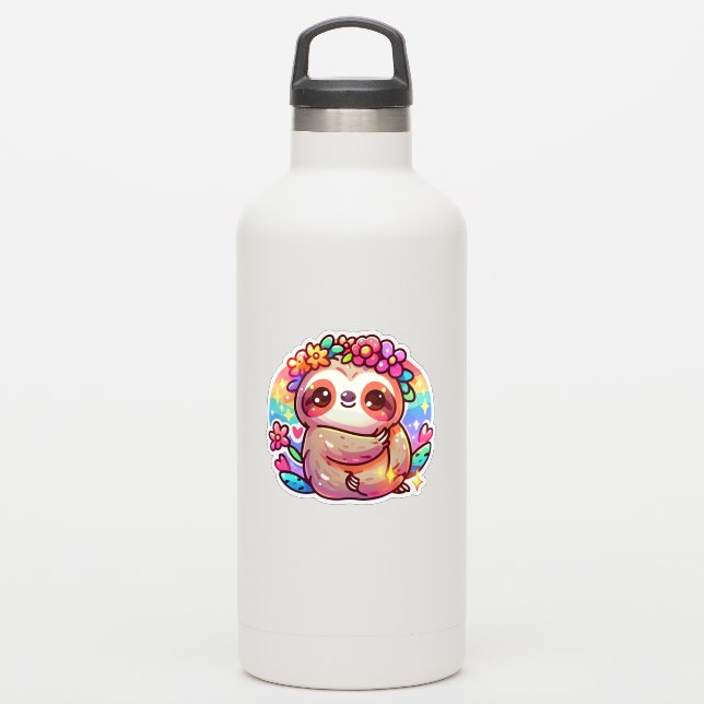 Sticker Adorable Kawaii Sloth avec Couronne de fleurs (Gourde)