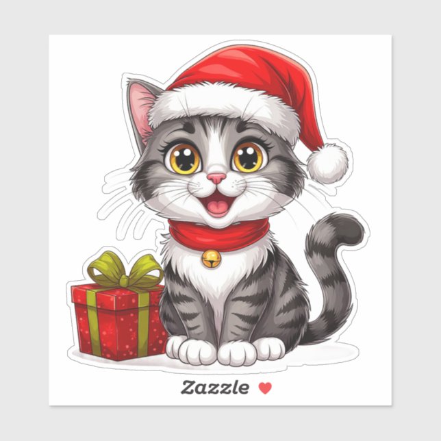 Sticker adorable Kitten de Noël avec chapeau de Père Noël (Feuille)