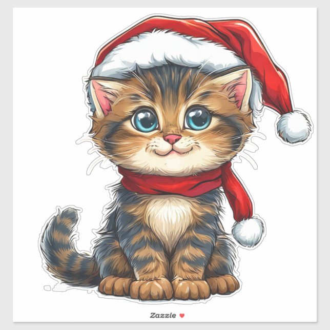 Sticker Adorable Kitten de Noël portant un chapeau de Père (Feuille)