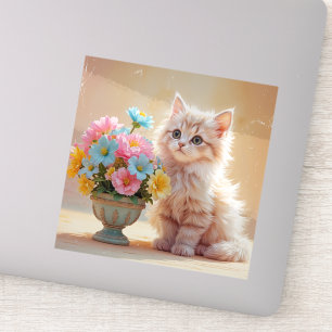 Sticker Adorable Kitty avec Bouquet de fleurs