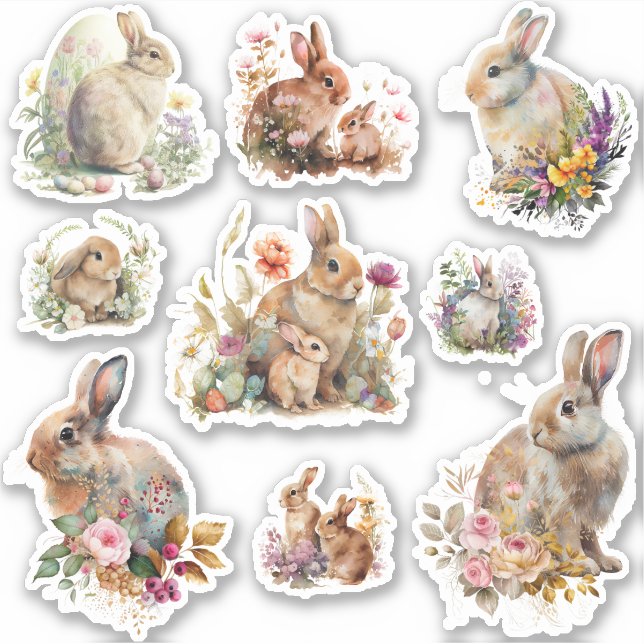 Sticker Adorable lapins de Pâques avec fleurs (Devant)