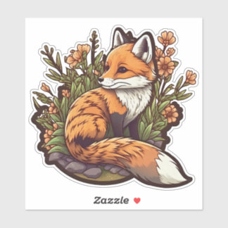 Sticker Adorable little fox and flowers