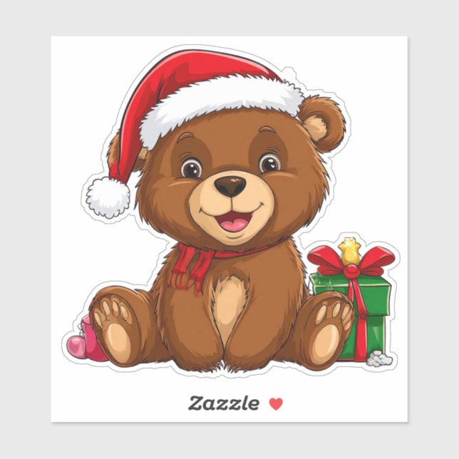 Sticker Adorable Ours De Noël Avec Chapeau Du Père Noël (Feuille)