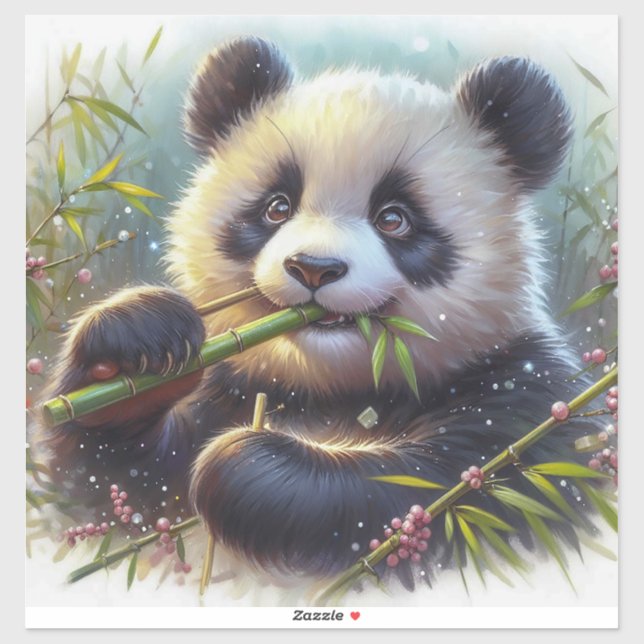 Sticker Adorable Ours De Panda Mangeant Bambou (Feuille)