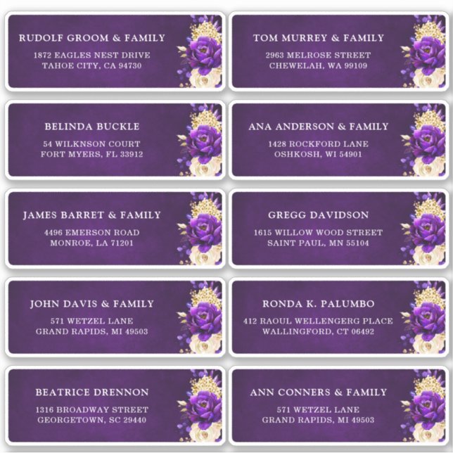 Sticker Adresse de l'invité de mariage floral or pourpre r (Devant)
