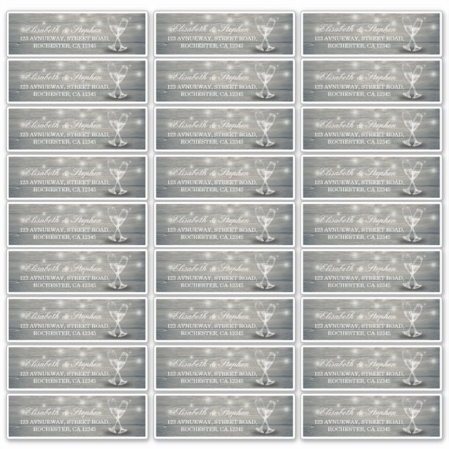 Sticker Adresse mariage Champagne Verre Bois Lumières à co (Devant)