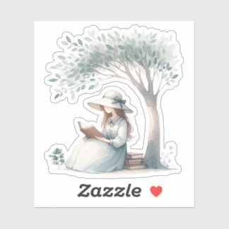 Sticker Aesthétique fille aquarelle lecture Louveur de liv