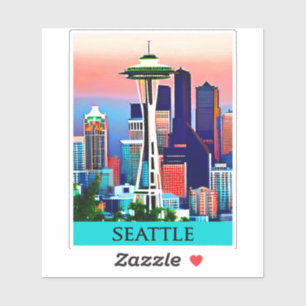Sticker Affiche de voyage de Seattle sous un ciel d'aube