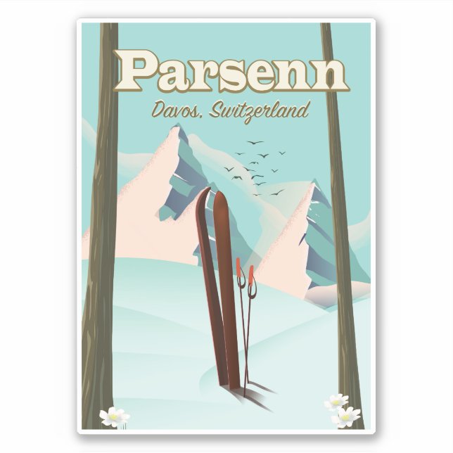 Sticker Affiche de voyage de ski Parsenn Suisse. (Devant)