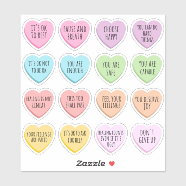 Sticker Affirmations Positives pour la Santé Mentale Cœurs (Feuille)